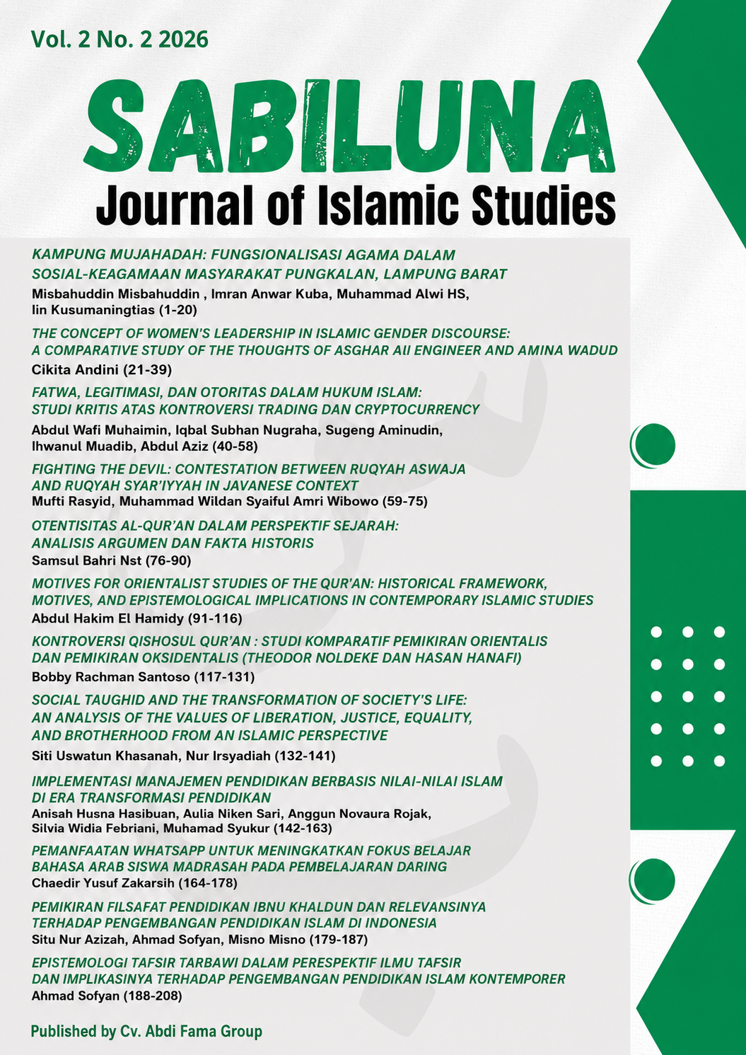 					View Vol. 2 No. 2 (2026): SABILUNA: Journal of Islamic Studies
				